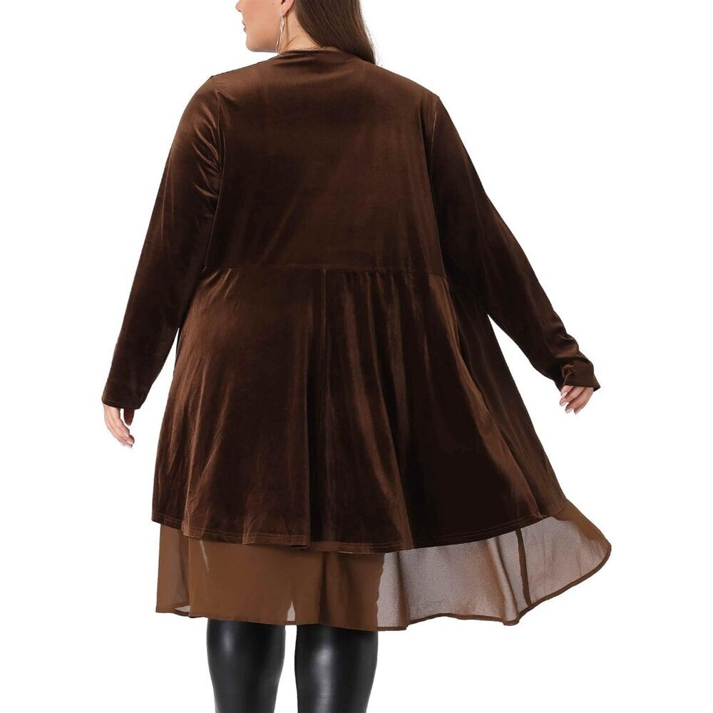 Plus Size Velvet Cardigan Ruffled Open Front Long Sleeve Chic Casual - Picture 4 of 5